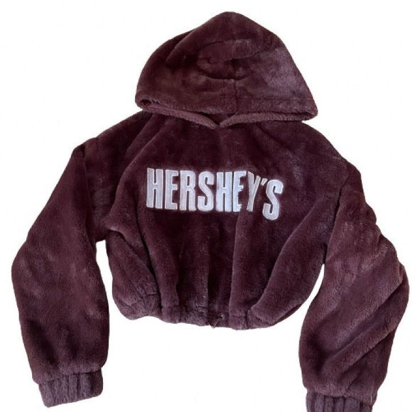 Forever 21 Hershey's Collection Sz S Crop Womens Brown Hoodie furry Sweater - Picture 3 of 5
